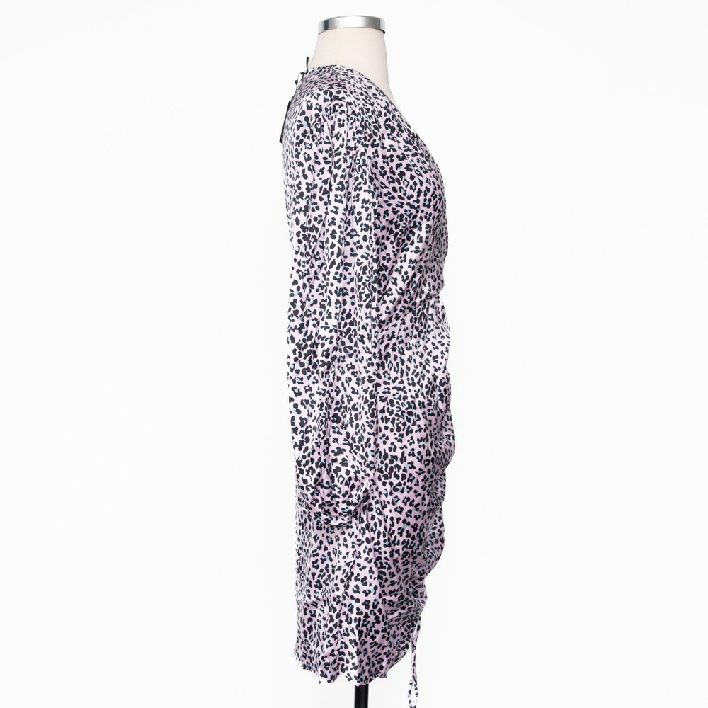 Maje | Maje Draped Leopard-Print Mini Dress‎ Pink Black Puff Sleeve V-Neck  NWT - Picture 4 of 13